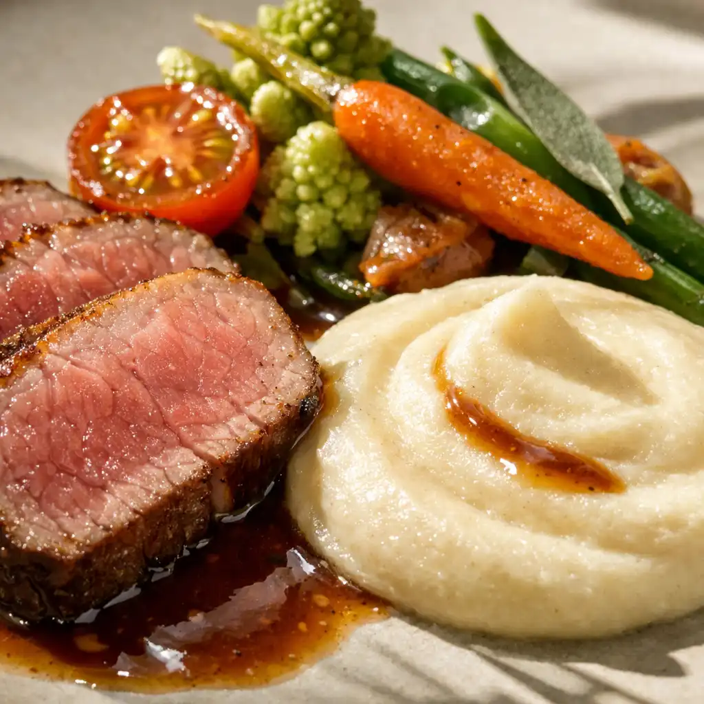 Gros plan sur un détail d'une assiette gastronomique avec viande rosée, purée et légumes