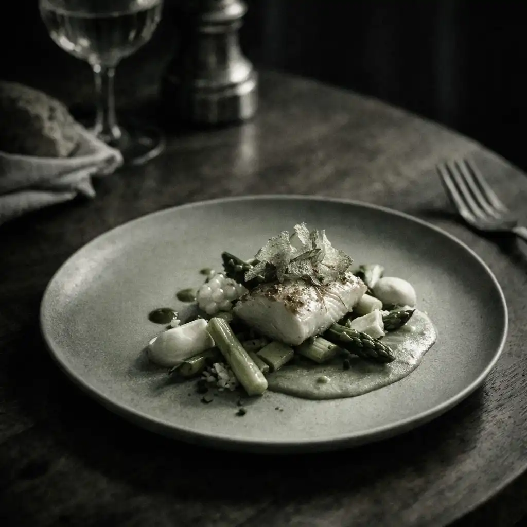 Assiette signature gastronomique sur une table en bois sombre, éclairée latéralement