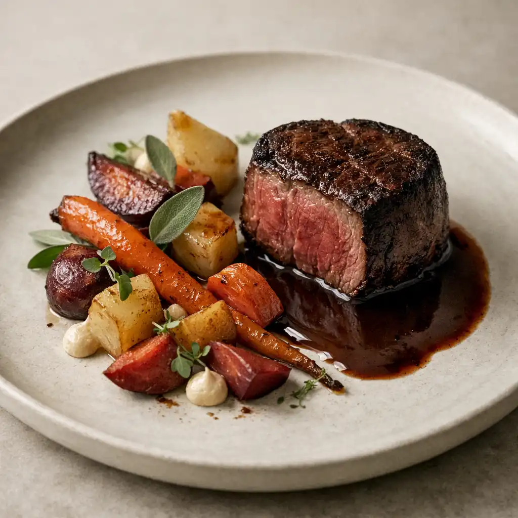 Assiette signature du Comptoir Aubépine : filet de bœuf rôti, jus corsé et légumes racines rôtis, dressage élégant sur céramique crème