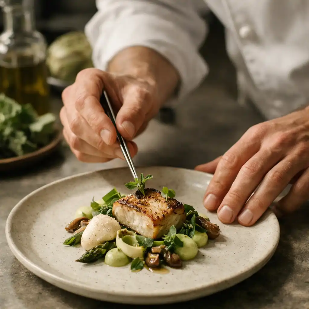 Mains d'un chef dressant une assiette gastronomique dans la cuisine du Comptoir Aubépine