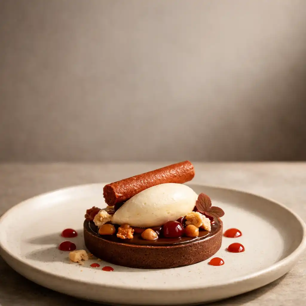 Dessert gastronomique élégant dressé sur une assiette en céramique crème