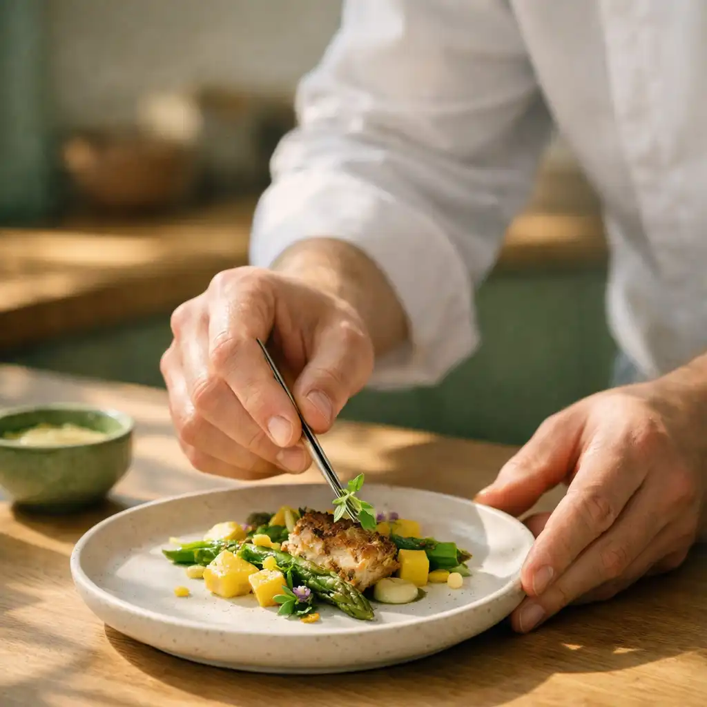 Mains d'un cuisinier dressant une assiette avec précision dans une cuisine professionnelle