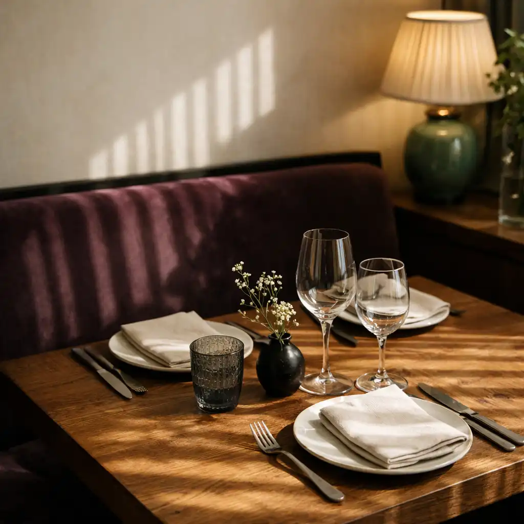Ambiance feutrée du restaurant Comptoir Aubépine, avec lumière crème filtrée par des stores et ombres verticales sur une table en chêne massif