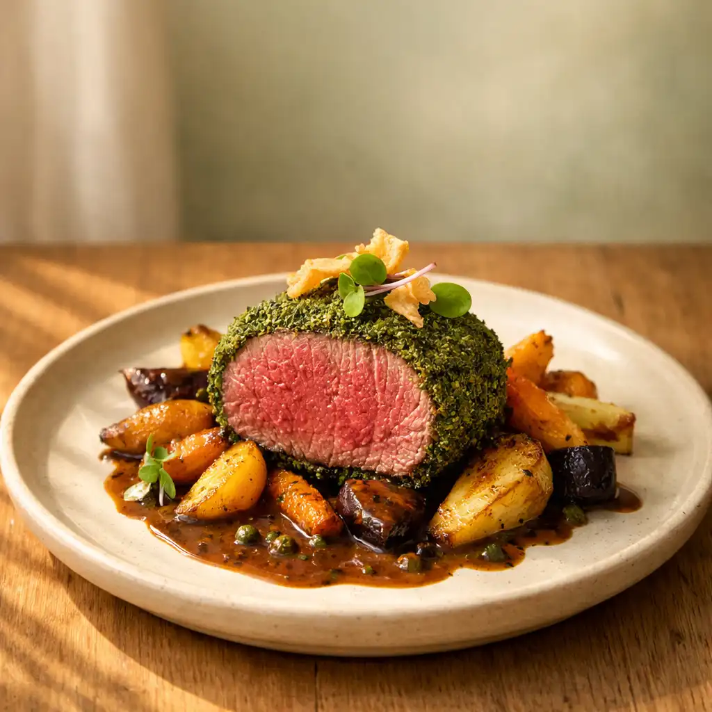 Filet de bœuf en croûte d'herbes, légumes racines rôtis et sauce au poivre, présenté sur une assiette en céramique crème.