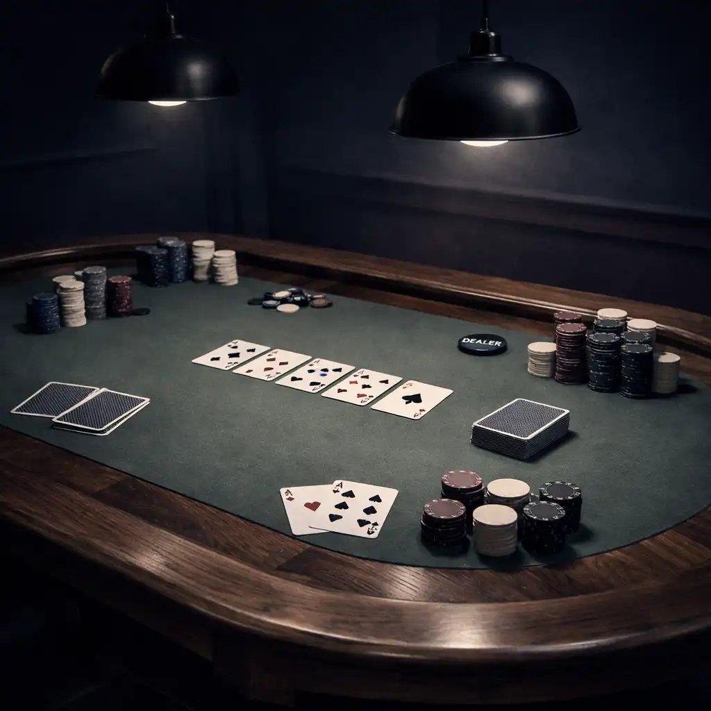 Table de poker physique en noyer massif avec cartes et jetons en argile, éclairage tamisé