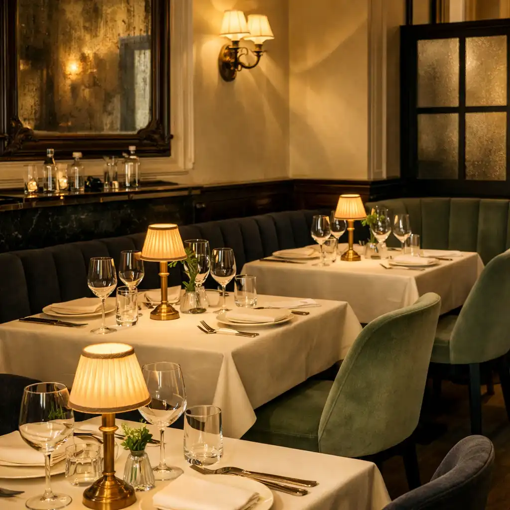 Salle du restaurant Comptoir Aubépine avec tables nappées de crème et éclairage tamisé