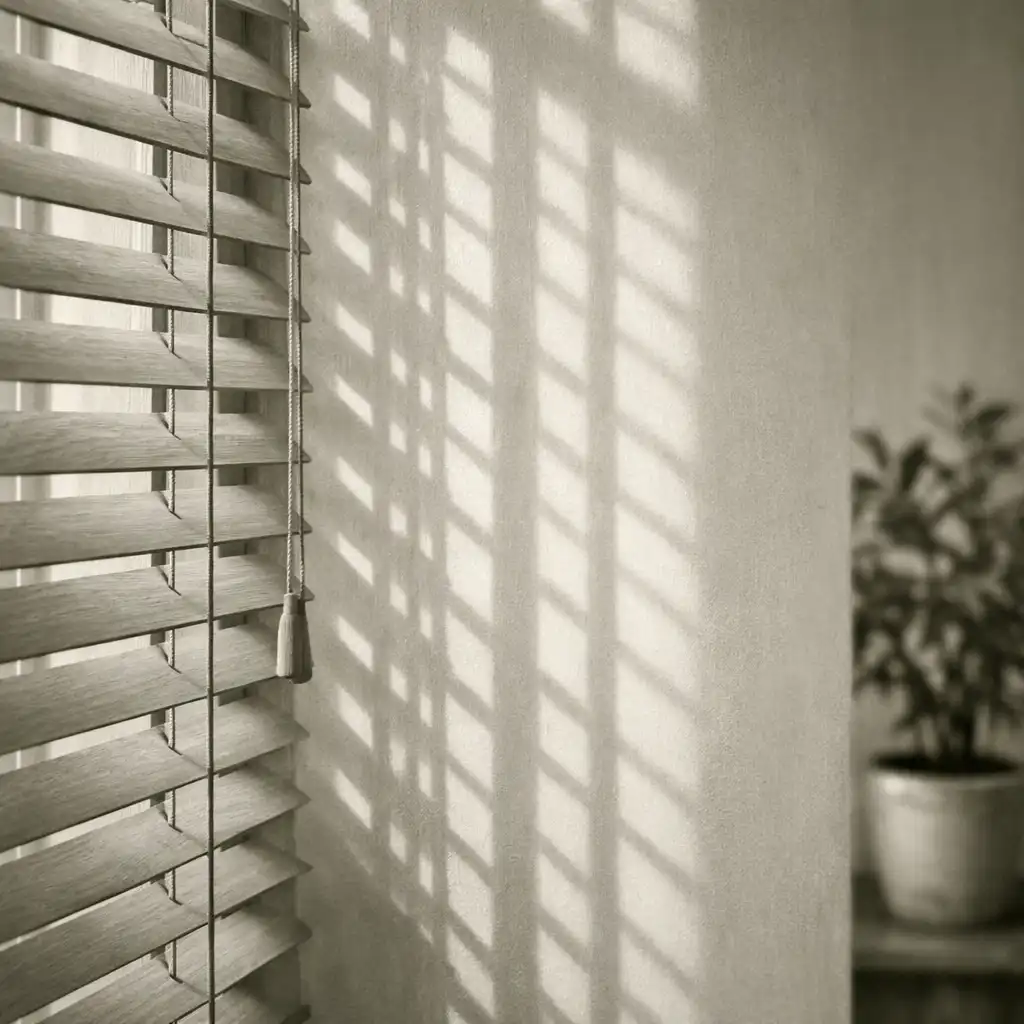 Stores en bois clair filtrant la lumière et projetant des ombres verticales sur un mur crème