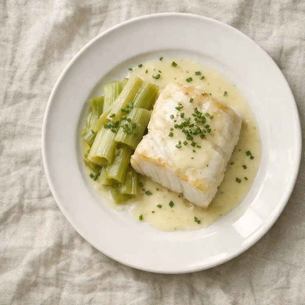 Dos de cabillaud avec beurre blanc et poireaux fondants, servi sur une assiette en porcelaine blanche.
