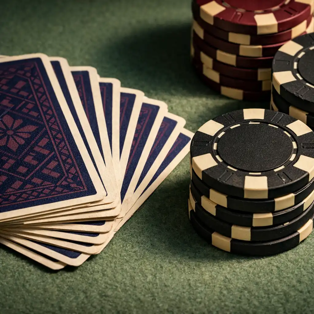 Gros plan sur des cartes à jouer en papier coton et des jetons de poker en argile composite posés sur un feutre vert sauge