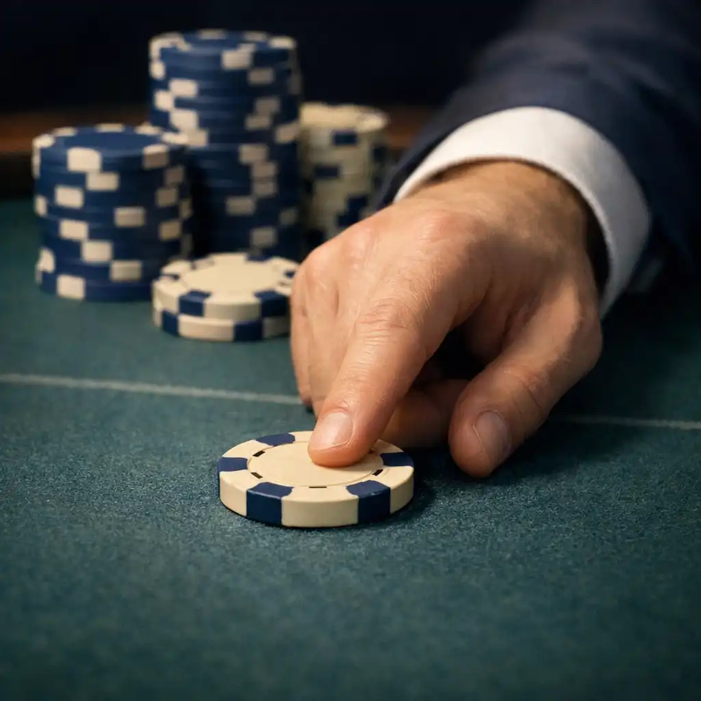 Très gros plan sur le feutre bleu nuit d'une table de poker avec des jetons et une main qui pousse un jeton