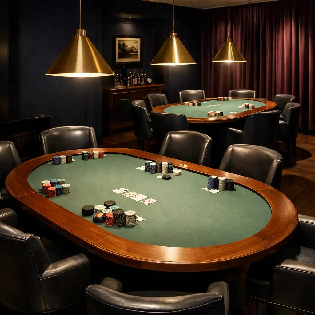 Vue d'ensemble de la Poker Room : murs bleu nuit, tables ovales en noyer, suspensions basses et fauteuils en cuir charbon