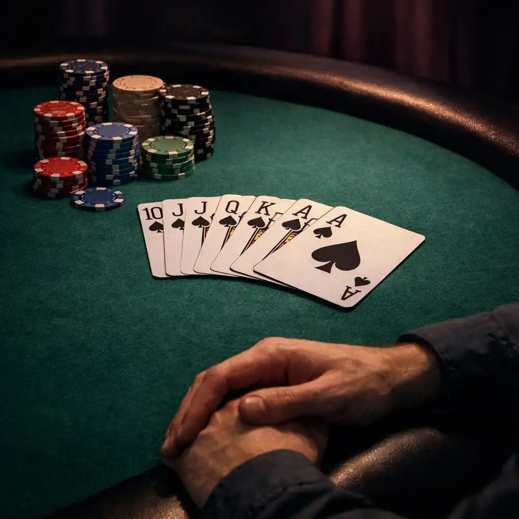 Table de poker physique dans la Poker Room du Comptoir Aubépine, avec tapis vert, cartes à jouer en éventail et jetons en argile empilés