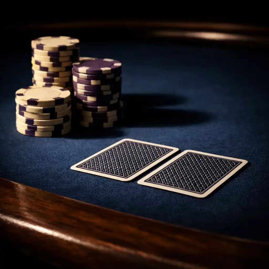 Gros plan sur une table de poker en bois sombre avec feutre bleu nuit, jetons et cartes