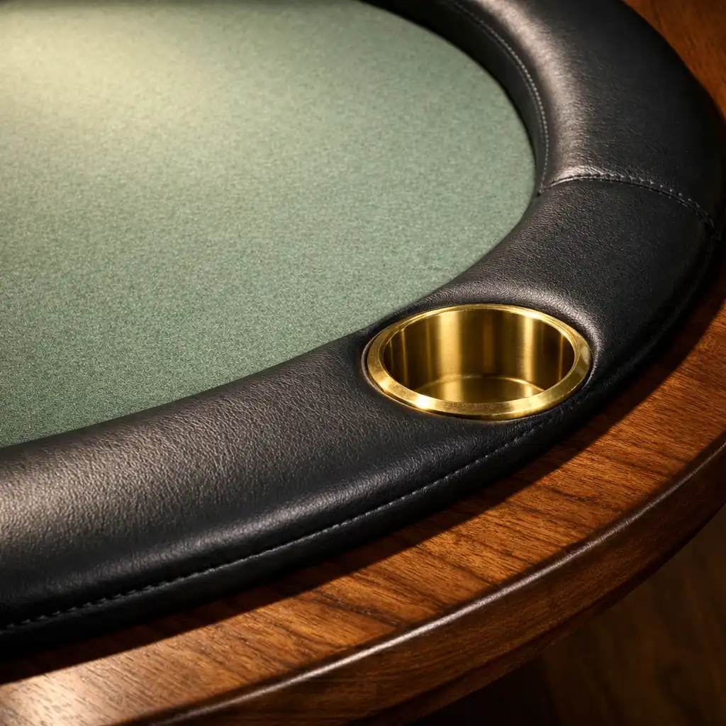 Détail du bord d'une table de poker en noyer massif avec feutre vert sauge et rail en cuir