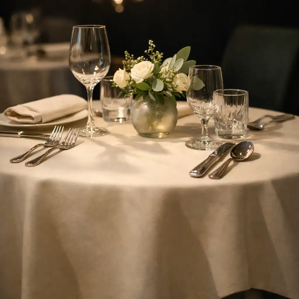 Table de restaurant élégamment dressée avec nappe crème, couverts en argent et verres en cristal